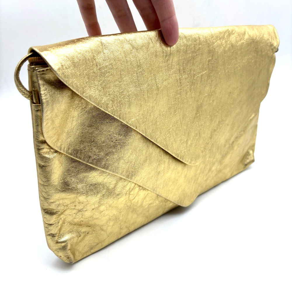 1980s Ohh! Ashley Metallic Gold Soft Genuine Leather Large Envelope Purse 12.5x8
